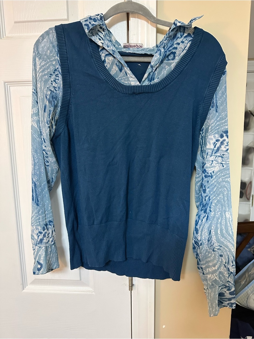 Blue Layered-Look Knit Shell with Patterned Woven Shirt Sleeves by Anastasia
